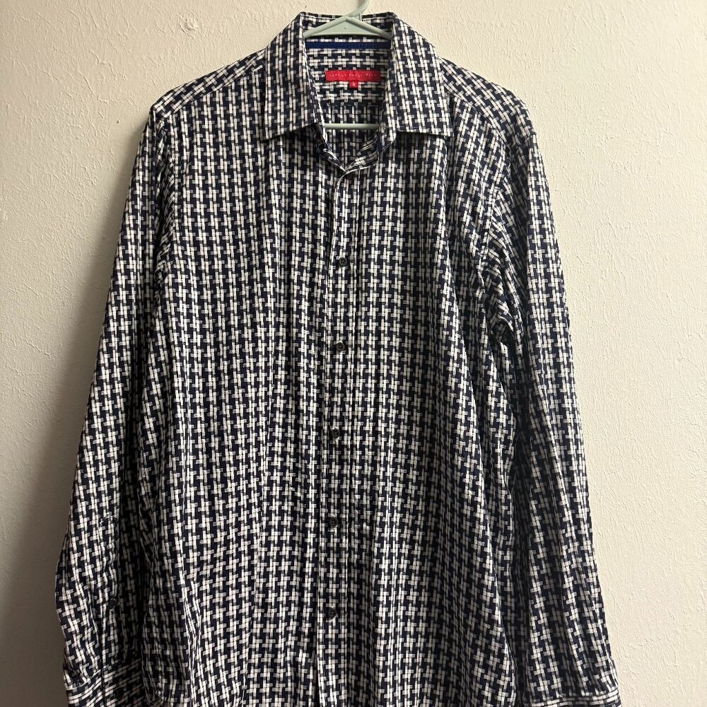 Report Collection Men's Black & White Button Long Sleeve Cotton Shirt, Size: L